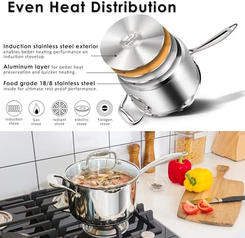 Rorence 3.7 Quart Stainless Steel Induction Sauce Pan with Lid | Stainless Steel Pot Saucepan with Pour Spout & Glass Lid with Strainer