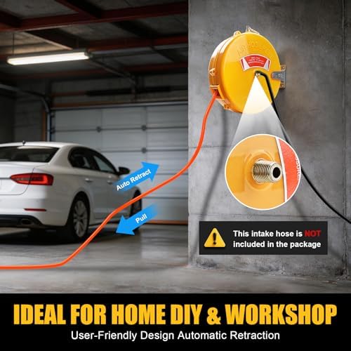 Mini Air Hose Reel With 1/4in. x 26ft. | Retractable Air Compressor Hose for Pneumatic Tools, Auto Rewind, Ceiling/Wall Mount