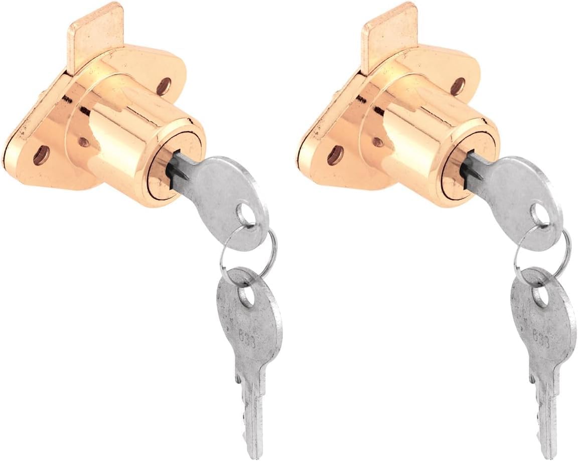 Prime-Line U 9947 Diecast Drawer and Cabinet Lock, Fits 7/8 Inch Max Panel Thickness, Brass Plated, Set of 1