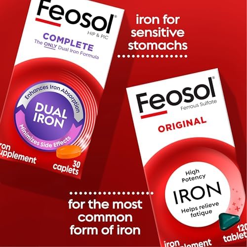 Feosol Complete Iron Supplement Caplets, Bifera Iron for High Absorption, Heme and Non-Heme Dual Action Minimizes Side Effects, 1 Per Day, for Energy and Immune System Support, Made in USA, 30 Count