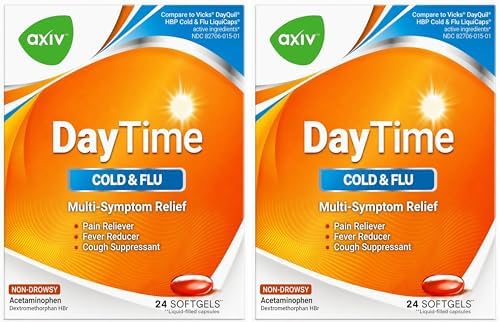 AXIV Daytime Multi-Symptom, Daytime Cold and Flu Relief Softgels, Non-Drowsy Cold Medicine, Relief of Pain, Sore Throat, Minor Aches and Pains, Fever, Cough, 24 Count