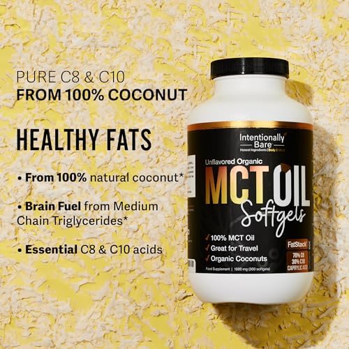 Intentionally Bare Organic MCT Oil Capsules - C8 & C10 Soft gels- 300 ct | Organic C8/C10 MCT oil pills, from 100% pure coconuts