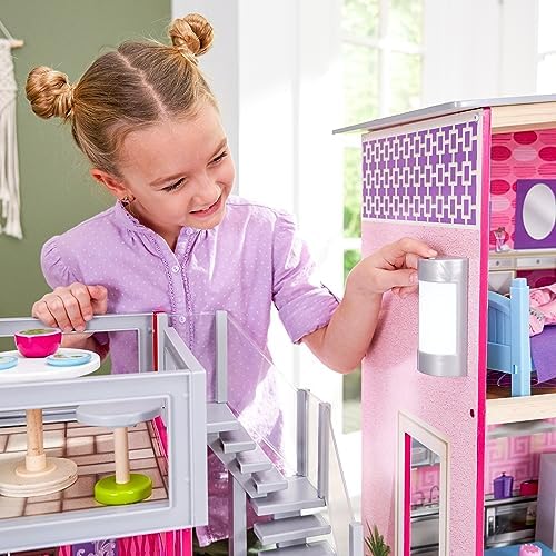KidKraft Uptown Wooden Modern Dollhouse with Lights & Sounds, Pool and 36 Accessories | Over 3 Feet Tall Pink Mansion Doll House, Working Elevator