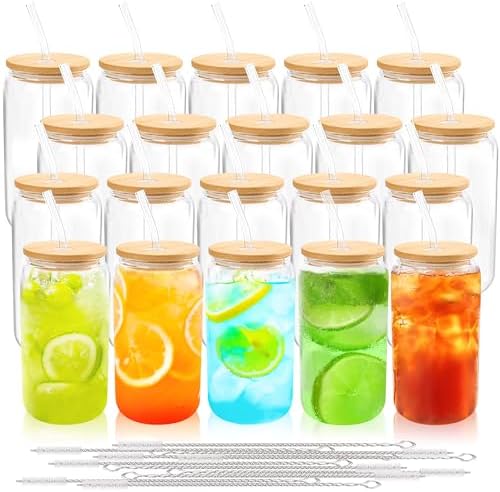 Joyclub 20Pcs Glass Cups with Bamboo Lids and Straws Bulk 16 oz Can Shaped | Clear drinking glasses include 20 cleaning brushes