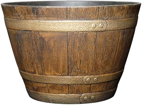 Whiskey Barrel Planter, Wooden Finish Garden Pot, 15” Oak Brown | Stylish Resin Flower Plant Pots, Indoor & Outdoor Planter, Weather-Resistant