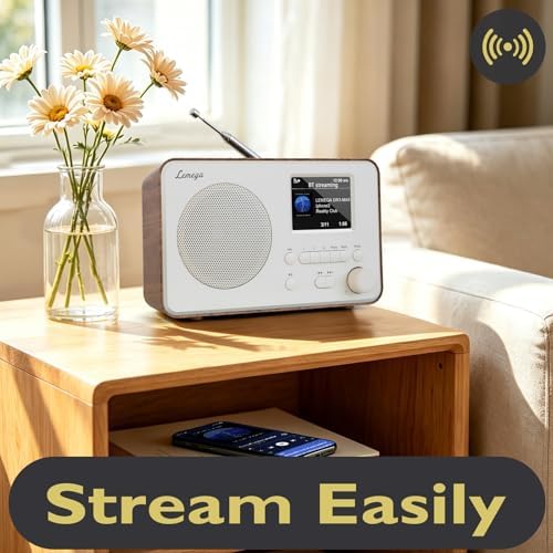 LeMega IR1PRO Internet Radio, Podcasts, Bluetooth, FM, Walnut | Alarm clock, full colour display, mains or AA battery, compact kitchen radio, snooze