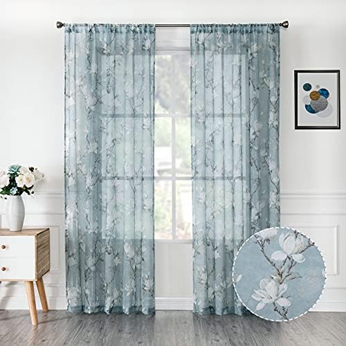 Tollpiz Floral Grey Sheer Curtain Flower Print Vine Embroidery Bedroom Curtains Rod Pocket Voile Window Curtain for Living Room, 54 x 84 inches Long
