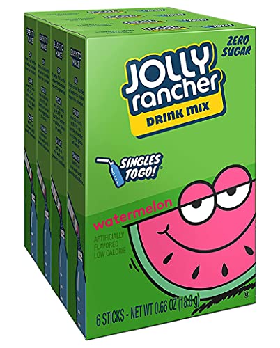 Jolly Rancher WATERMELON Singles to Go (4 Boxes of 6 Packets Each Box) | 6 Servings Each, 24 Total Servings - Watermelon Sugar Free Water Flavoring Packets, Powdered Drink Mix - Just Add Water