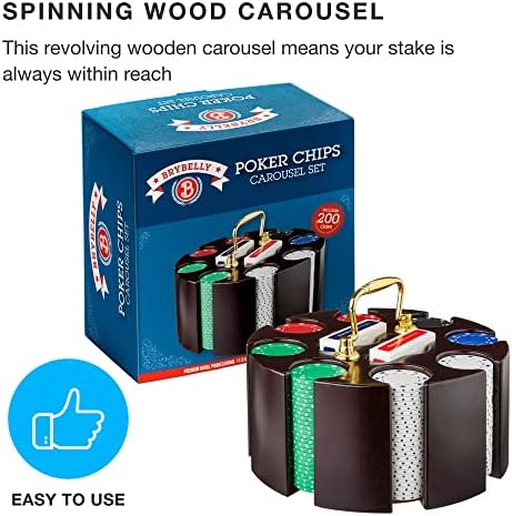 Brybelly Poker Chips - Poker Set with Wood Carousel Case for Casino Party, Texas Holdem, Blackjack and Family Game Night - 200 Count