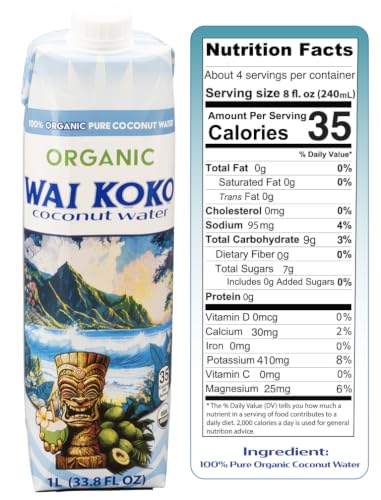 Wai Koko USDA Organic Coconut Water, 1L Cartons (Pack of 6)