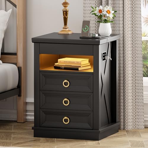 Farmhouse Nightstand with Lockable Hidden Drawer, Human Sensor LED Bedside Table with LED Lights & Charging Station, Rustic Wood Sofa Side End Table with 3 Drawers for Bedroom (Black)