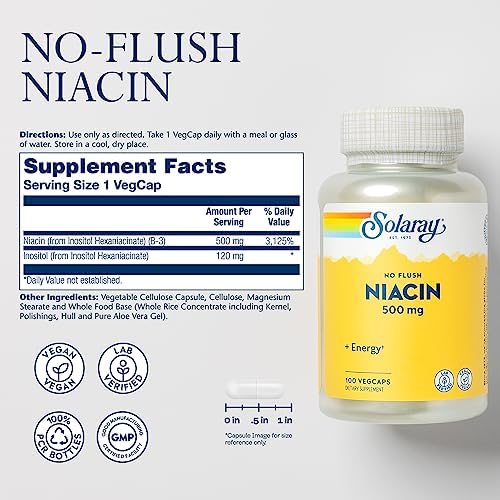 SOLARAY No Flush Niacin 500mg, Flush-Free Vitamin B3 Niacin, Energy and Circulatory System Support, Vegan, Lab Verified, 100 Servings, 100 VegCaps