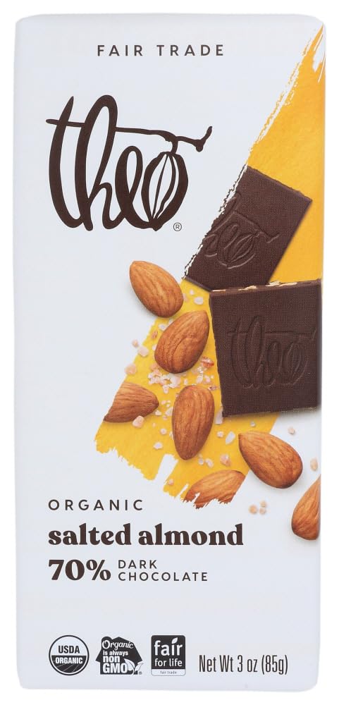 Theo Chocolate Salted Almond Organic Dark Chocolate Bar, 70% Cacao, 12 Pack | Vegan, Fair Trade