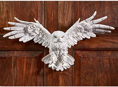 Design Toscano Mystical Snowy Owl Bird Indoor/Outdoor Wall Frieze Sculpture, Medium, 19 inches wide, 11 inches tall, Cast Stone Resin, White Finish