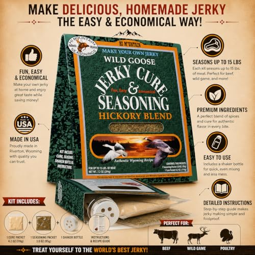 Hi Mountain Goose Jerky Seasoning & Cure Kit | MEQUITE | Makes 15 lbs | Make homemade goose, duck & waterfowl jerky with bold mesquite smoke flavor for smoker, dehydrator & oven
