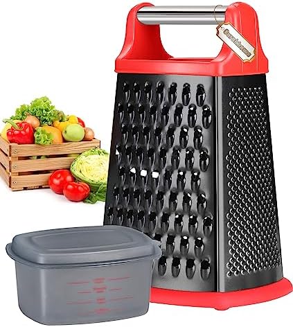 Ourokhome Cheese Grater with Handle, Stainless Steel Box Grater, 4 Side Kitchen Vegetable Shredder Slicer Zester with Container for Parmesan, Cabbage
