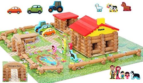 TOWO Wooden Log Building Set, 207-Piece Farm House Construction Toy | 207-piece wooden log farm playset for building a farmhouse