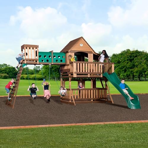 Backyard Discovery Woodridge Elite Cedar Wood Swing Set with Wave Slide, Clubhouse, Crawl Tunnel, Crow's Nest, Belt Swings, Trapeze, Rock Wall Ladder