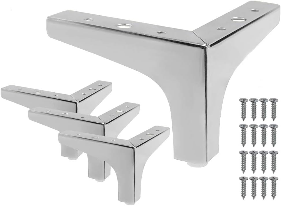 4 Pack 4 Inch Furniture Legs, Chrome Metal Polished Triangle Feet