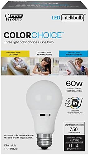 Feit Electric LED Three-Color Choice Intellibulb - A19 with an E26 Medium Base Light Bulb - 60W Equivalent - 15 Year Life - 750 Lumen - 2700K Soft