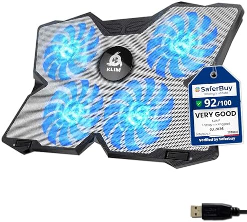 KLIM Wind Laptop Cooling Pad - More Than 500 000 Units Sold - New Version - The Most Powerful Rapid Action Cooling Fan - Laptop Stand with 4 Cooling Fans at 1200 RPM - USB Fan - PS5 PS4 - Blue