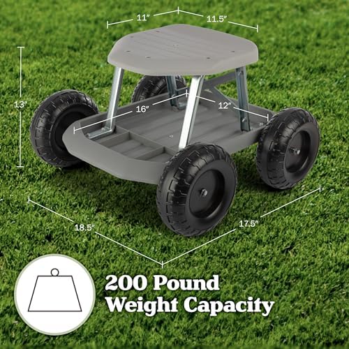 Pure Garden Rolling Garden Seat with Wheels and Tool Tray, Black/Green | Gardening Stool Garden Cart Scooter with Storage for Yard Tools