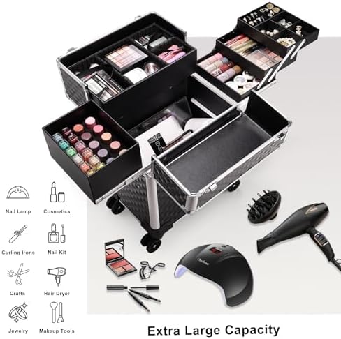 Stagiant Rolling Makeup Train Case Large Storage Cosmetic Trolley 4 Tray with Sliding Rail Removable Middle Layer with Key Swivel Wheels Salon