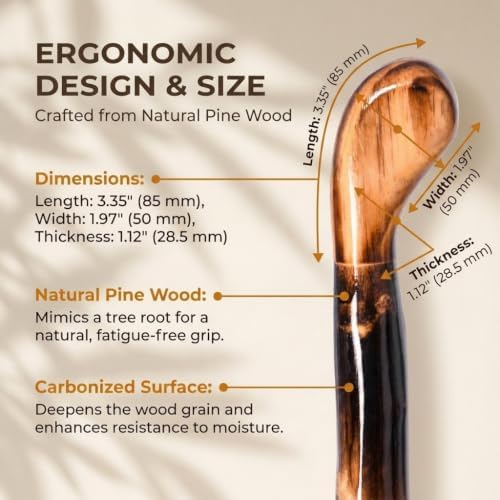 FOREST PILOT Handcrafted Nature Wood Hiking Stick 55 Inches Long - with Hand Strap and Rubber Tip Cover - Transparent Waterproof Painting Coating