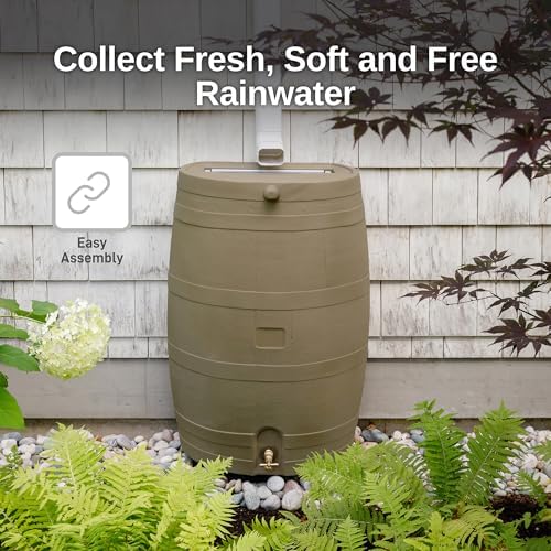 Flat Back Rainwater Gutter Barrel Water Collector Storage Drum Garden Pot- Tan