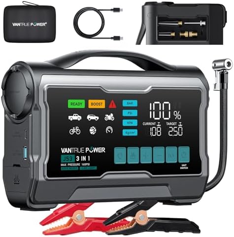 JS3 Real 3250A Jump Starter with Air Compressor 160PSI, 12V Car Battery Booster with Display, Jump Box with Light, Support 65W Fast Charging Power Bank, 10L Gas/8L Diesel Engines