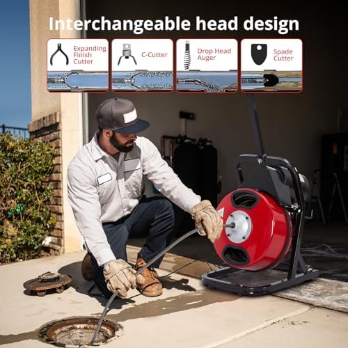 50FT x 1/2Inch Electric Drain Cleaning Machin, Auto Feed Portable Sewer Snake, Semi-Enclosed Drum