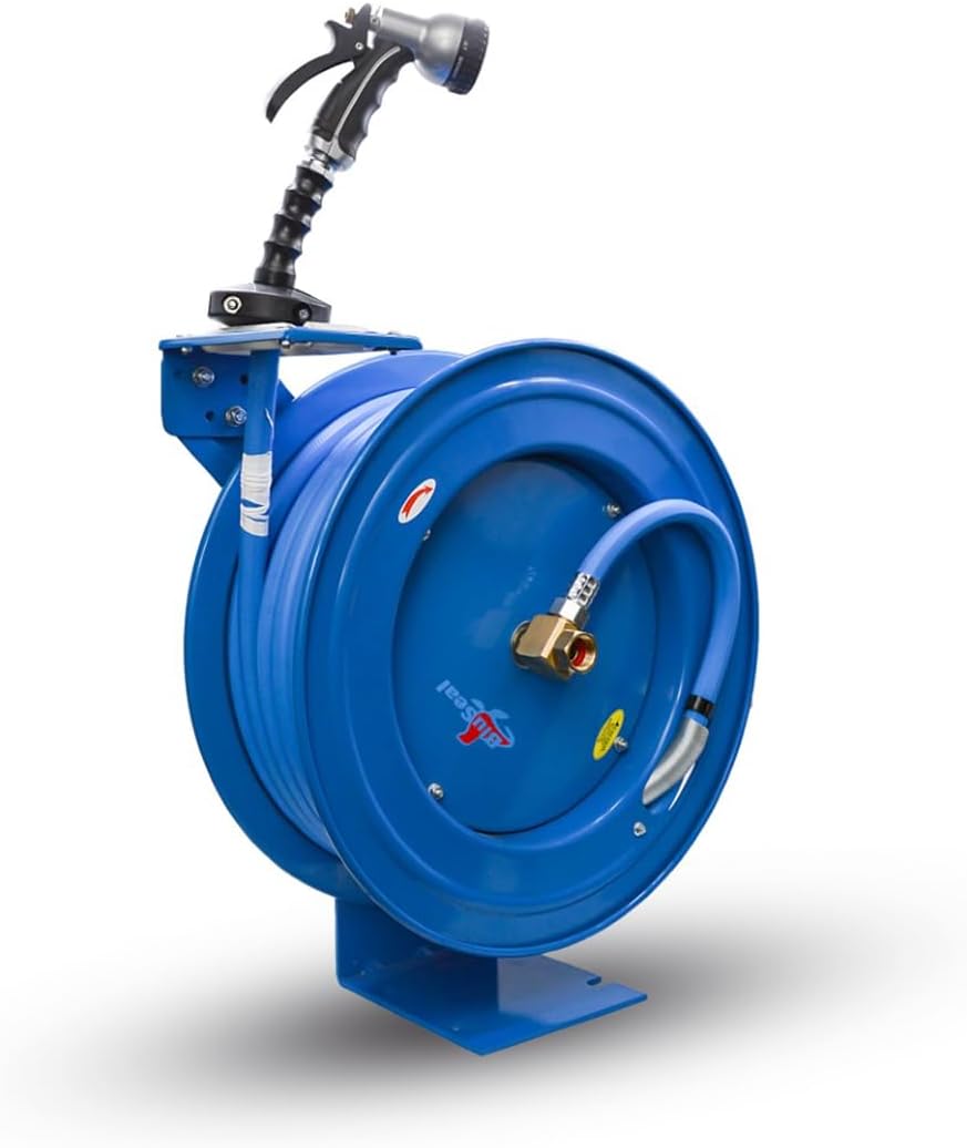 BLUSEAL BSWR5850 Retractable Hose Reel with 5/8" x 50' Hot Water Rubber Hose, 6' Lead-in, 500 PSI, Brass Fittings, Swivel Mount Hose Reel