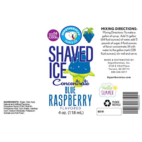 Hypothermias Shaved Ice and Snow Cone Syrup Unsweetened Flavor Concentrate - 4 Fl. Oz - Makes 1 Gallon of Syrup - Blue Raspberry - Must Add Filtered
