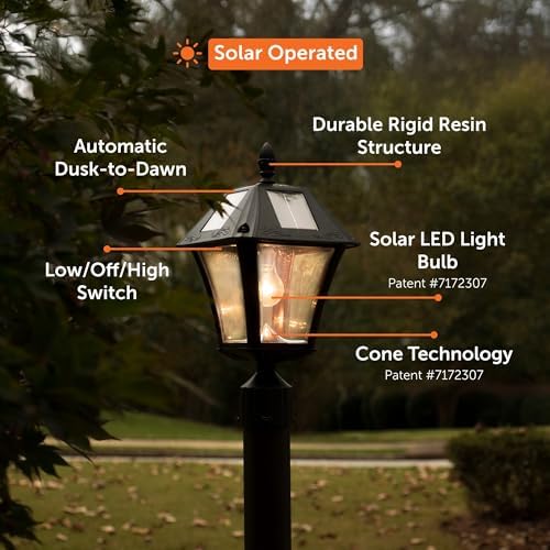 Gama Sonic Baytown II Bulb White Outdoor Solar Light, Single Post Light with 3 Mounting Options, 3in. Fitter for Lamp Posts