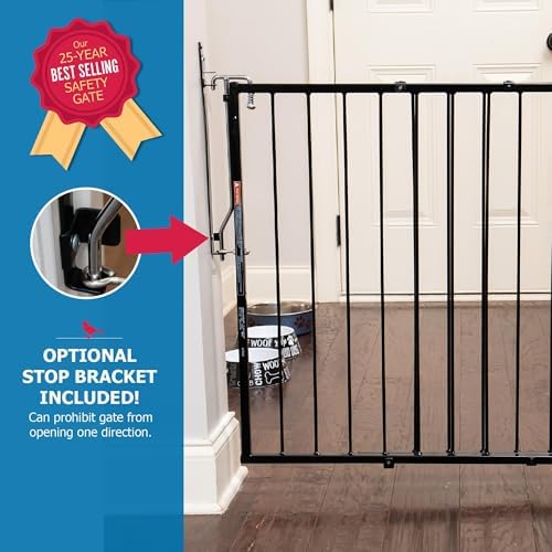 Cardinal Gates MG25 Duragate Baby and Pet Gate, 26.5-41.5 in, Black | Steel hardware-mounted gate for children and pets. One-hand latch, two-way swing, and angle-capable installation.
