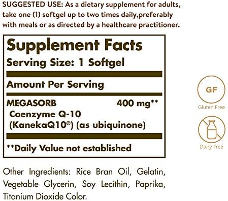 Solgar Megasorb CoQ-10 400 mg, 60 Softgels - Supports Brain Function | Coenzyme Q10 Supplement, Enhanced Absorption, Non-GMO, Gluten Free, Dairy Free - 60 Servings