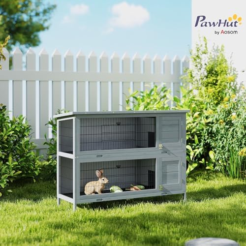 PawHut 54" 2-Story Large Rabbit Hutch Bunny Cage Wooden Pet House Small Animal Habitat with Lockable Doors, No Leak Tray and waterproof Roof for Outdoor/Indoor Orange | Wooden Pet House, Small Animal Habitat, No Leak Tray, Waterproof Roof, for Chickens D…