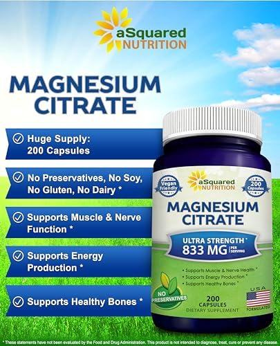 aSquared Nutrition Magnesium Citrate 833mg Supplement - 200 Capsules - Max Strength Vegan Mag Citrate Powder Pills to Support Pure Function of Muscles