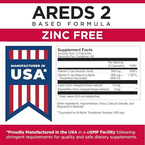 Viteyes AREDS 2 Zinc Free Macular Support, Natural Allergen Free Capsules with Vitamin E, Vitamin C, Lutein & Zeaxanthin, No Zinc, No Copper, Eye Doctor Trusted, Manufactured in the USA, 180 Ct
