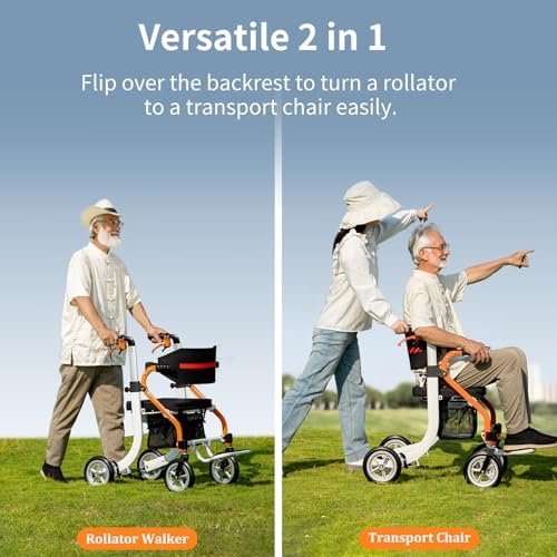 Nihhcune 4 in 1 Rollator Walker Transport Wheelchair Combo - No Assembly | 20lb Lightweight Mobility Rolling Walker with Seat for Seniors, Foldable Travel Chair, 8" All-Terrain Wheels, Supports 300lbs