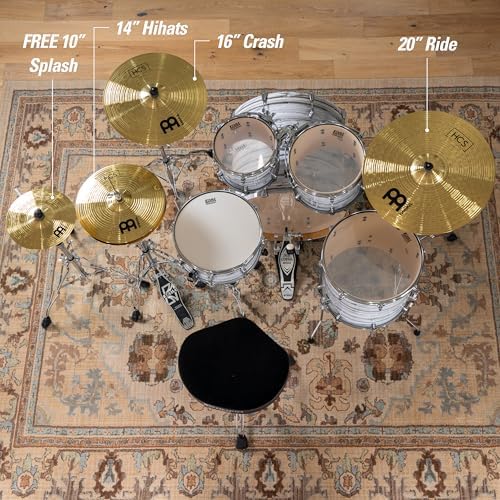 Meinl Cymbal Set Box Pack with 14” Hihats, 20” Ride, 16” Crash, Plus a FREE 10” Splash – HCS Traditional Finish Brass – Made In Germany