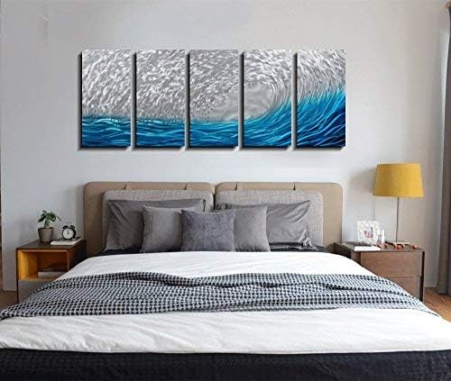 Yihui Arts Handcrafted 3D Metal Wall Art - Ocean Wave Sculpture, 5 - Panel Aluminum Decor for Living Room, Bedroom & Office
