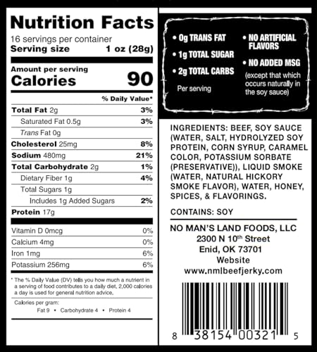 No Mans Land Slow-Dried Beef Jerky | Smoked & Seasoned Jerky Strips | High Protein, Low Carb Beef Snack | Gluten Free - MILD (16oz)