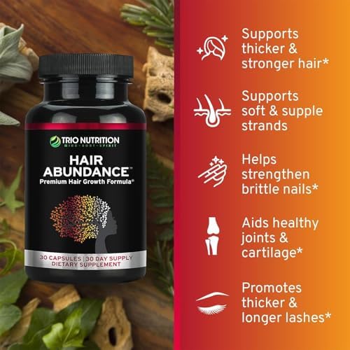 TRIO NUTRITION Hair Abundance Biotin 10,000mcg: Hair Growth, Skin & Nails | Biotin (Vitamin B7), collagen, keratin, bamboo silica, zinc & selenium. Hair & lash vitamins supplement for women & men.*