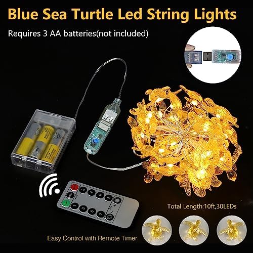 Beach Theme -Cute Green Sea Turtle String Lights- Ocean Fairy Decorative Lights- 10ft 30 LEDs -USB Powered -Multi-Function- Remote Control-Christmas