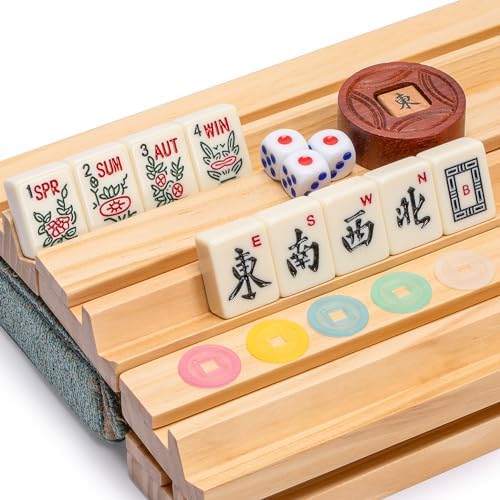 Yellow Mountain Imports American Mahjong Set, Chinoise with Soft Leatherette Case - Racks with Pushers, Scoring Coins, Dice, and Wind Indicator
