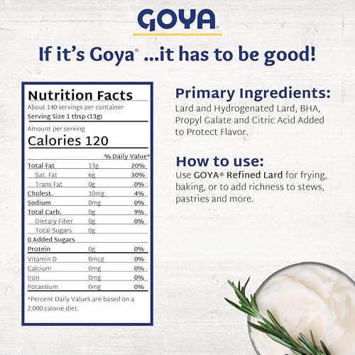 Goya Manteca Lard for Cooking and Baking, Rich Flavor for Tamales, 4 Pound | Bulk 4 Pound Tub, Premium Pork Fat, Rich Flavor for Tamales, Empanadas, And Pastries, Enjoy Any Time of Day, Great Taste