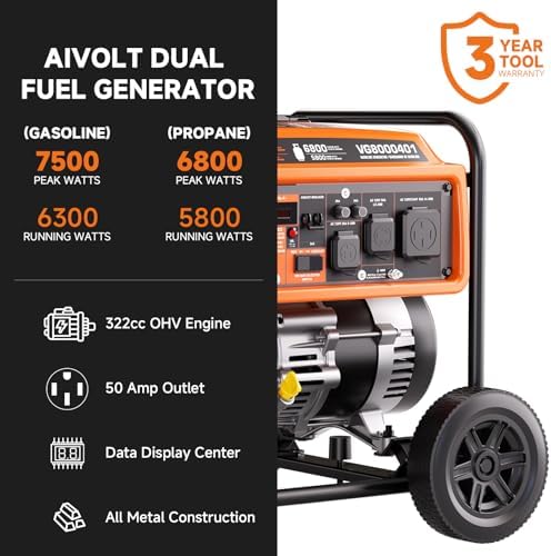 AIVOLT Generator 7500 Watt Dual Fuel Portable Generator with Wheels, Gas and Propane Powered, 50A RV Ready, CO Sensor, 4-Stroke OHV Air Cooled Engine