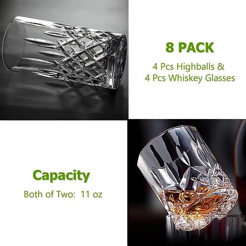 Qipecedm Drinking Glasses, 8 Piece Crystal Glass Cups, Mixed Glassware Set, 4 pcs Crystal Old Fashioned 11oz Highballs and 4 pcs 11oz Whiskey Glasses