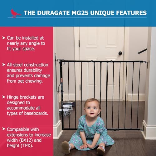 Cardinal Gates MG25 Duragate Baby and Pet Gate, 26.5-41.5 in, Black | Steel hardware-mounted gate for children and pets. One-hand latch, two-way swing, and angle-capable installation.